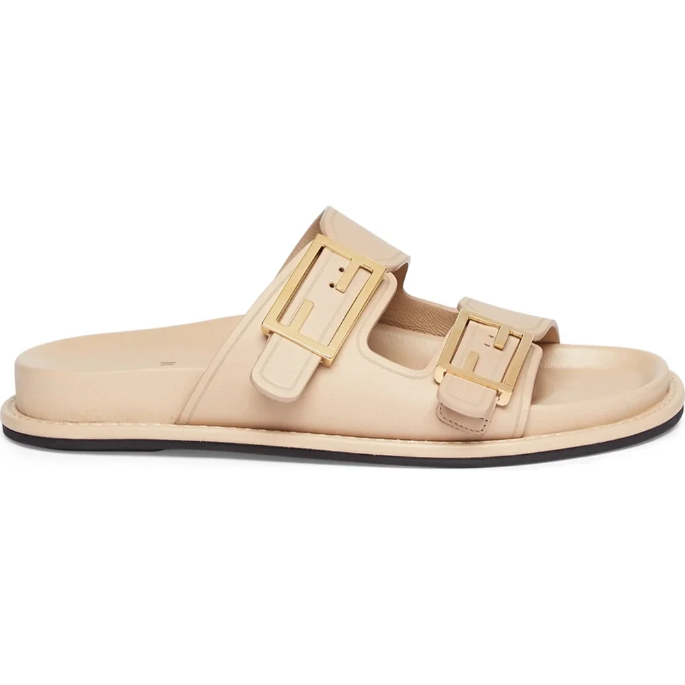 Fendi Feel Dual Strap Beige Leather Gold Logo Buckle Mule Flat Sandal Slide 39.5